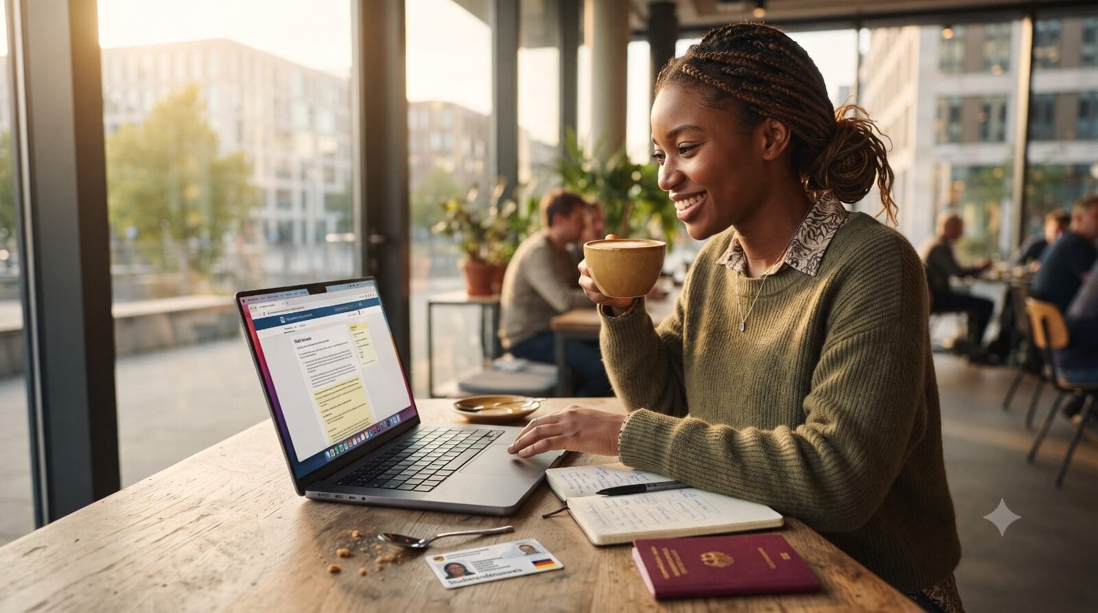 Hyper-realistic photo of an international student working on a laptop in a German cafe representing part time job rules for international students in germany.