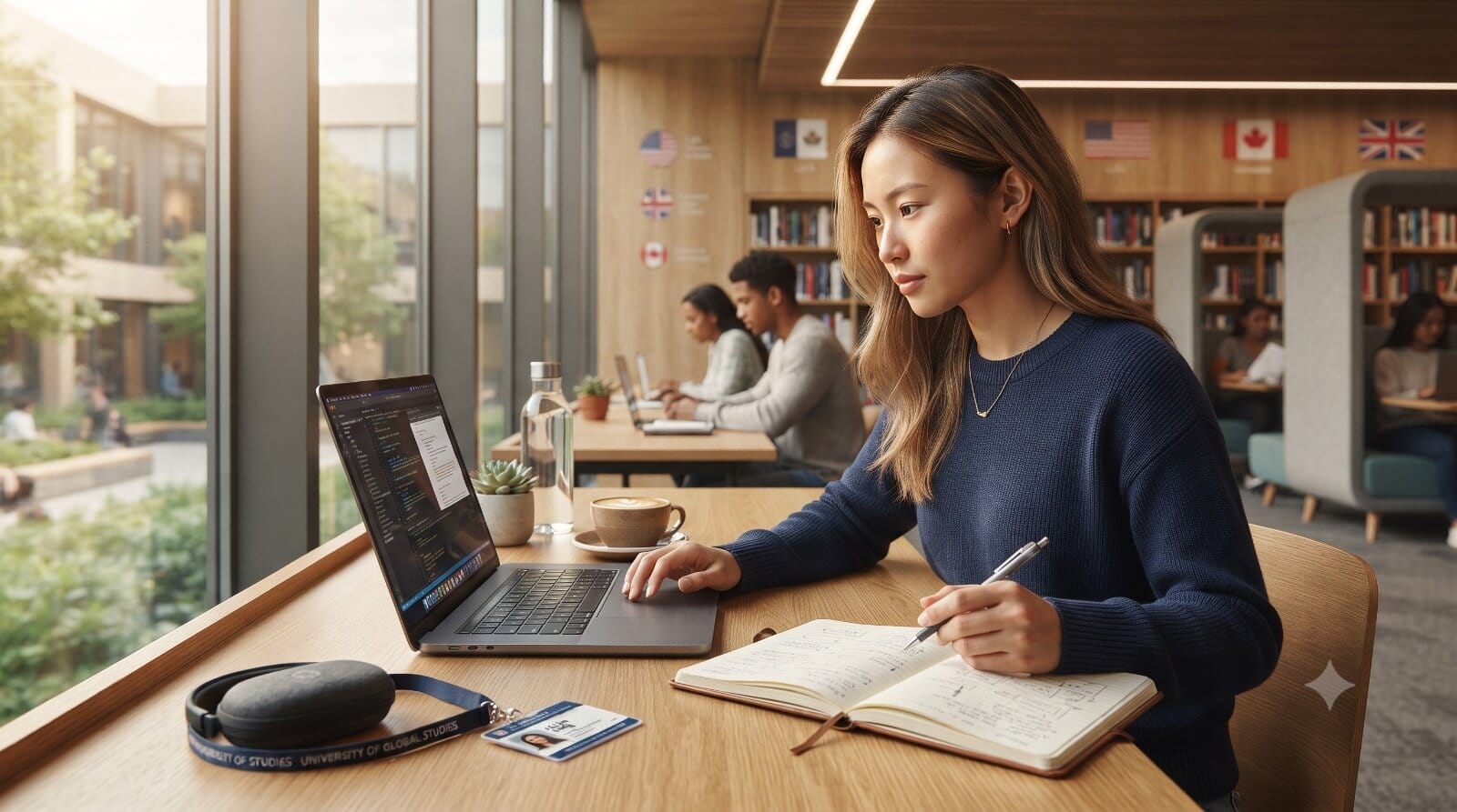 Hyper-realistic photo of an international student working on a laptop representing student part time job income limits in US, Canada and UK.