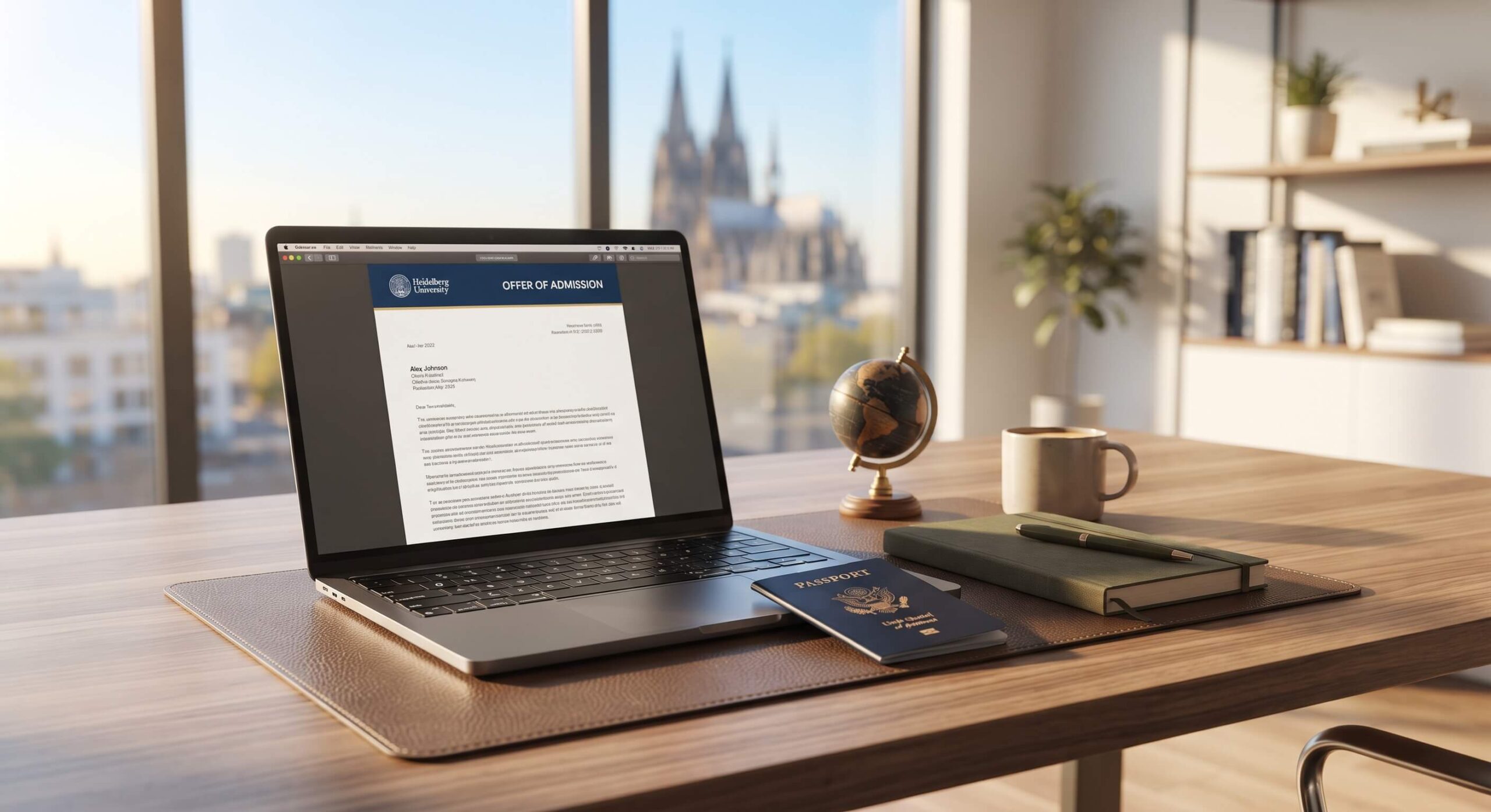 Study in Germany for free feature image showing a laptop, passport, and globe on a desk representing international student guidance.