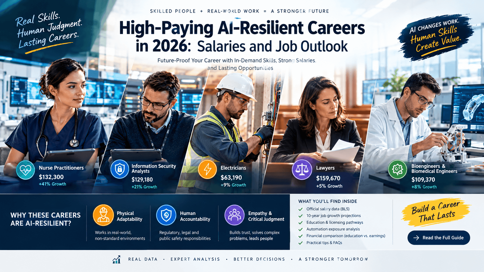 High paying AI resilient careers in 2026 showing advanced healthcare and technical specialists collaborating in a modern workplace